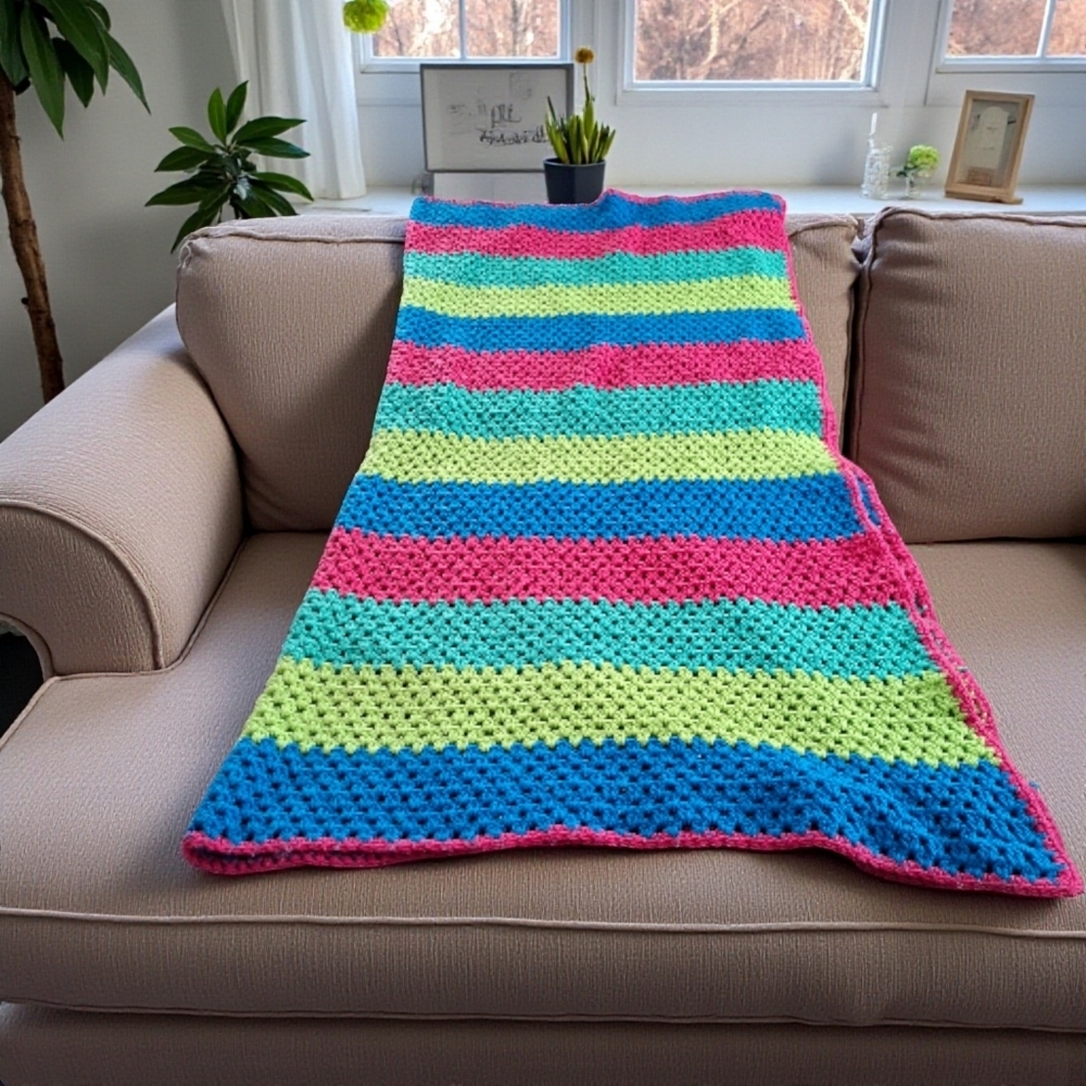 Vintage Handmade Crocheted Heavy Striped Blanket Multicolor Artcraf Blanket
